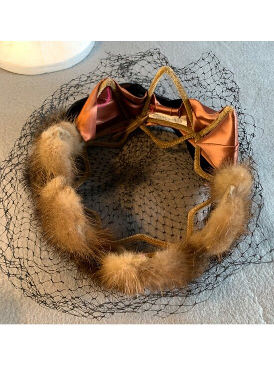 Ladies Black & Mauve Satin Fur and Netting Hat UnionMade Vintage